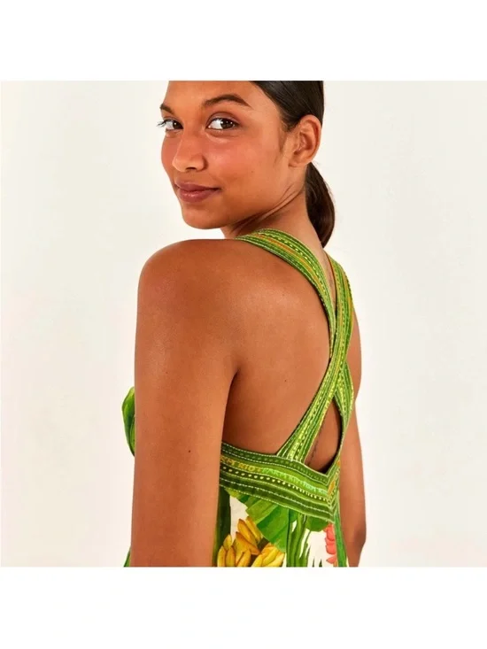 Farm Rio Fresh Forest Scarf Button Down Mini Dress Linen Sweetheart - Picture 5 of 10